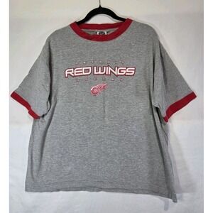 NHL Detroit Red Wings T-Shirt Mens XL Gray w Red Trim Hockey Graphic Ringer Tee